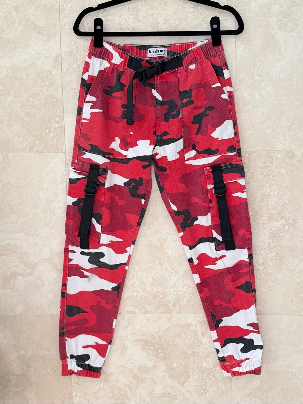 Kréamy Red Camo Cargo Jogger Pants Utility Streetwear Size M